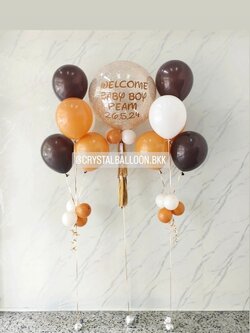 ลูกโป่ง Welcome Baby Bubble ขนาด 24" กลิตเตอร์สีแชมเปญ 1 ลูก พร้อม ช่อลูกโป่ง ช่อ 5 ลูก 2 ช่อ Theme Dark Chocolate พร้อมตกแต่ง สามารถเปลี่ยนสีลูกโป่ง/เปลี่ยนข้อความ/เปลี่ยนขนาดได้