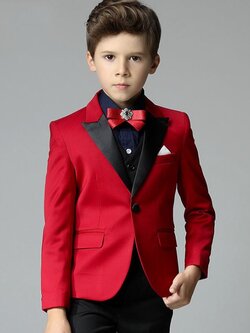 Pre-order ชุดสูทเด็กชาย สีแดง ปกคอสีดำ แบบเรียบหรู
