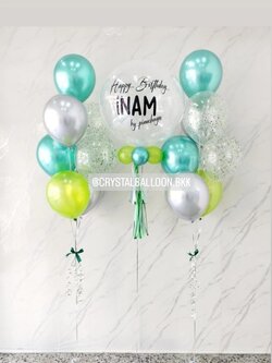 ลูกโป่ง วันเกิด Bubble ขนาด 24" กลิตเตอร์สีขาว 1 ลูก พร้อม ช่อลูกโป่งสีโครเมี่ยม ช่อ 7 ลูก 2 ช่อ Theme สีเขียวโครเมี่ยม พร้อมตกแต่ง สามารถเปลี่ยนสีลูกโป่ง/เปลี่ยนข้อความ/เปลี่ยนขนาดได้