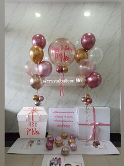 Happy birthday Surprise Box กล่องเซอร์ไพรส์วันเกิด Bubble ขนาด 24"กลิตเตอร์สีโรสโกลด์ ,ลูกโป่งช่อ 7 ลูก 2 ช่อ , พร้อมตกแต่ง สามารถใส่รูปได้ 4 ใบ สามารถเปลี่ยนสีลูกโป่ง/เปลี่ยนข้อความได้