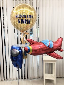 ลูกโป่ง Welcome Baby Bubble ขนาด 24" สีทอง พร้อมตกแต่ง ฟอยล์ Among Us 1 ชิ้น,ฟอยล์เครื่องบินใหญ่ 1 ชิ้น สามารถเปลี่ยนสีลูกโป่ง/เปลี่ยนข้อความ/เปลี่ยนฟอยล์ตกแต่ง/เปลี่ยนขนาดได้