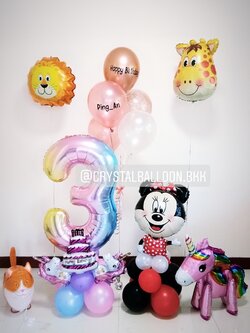 ลูกโป่ง วันเกิดเด็ก Theme Minnie Mouse และ Animals พร้อม ช่อลูกโป่ง ช่อ 5 ลูก 1 ช่อ,ลูกโป่งใส ใส่กลิตเตอร์,Unicorn ตั้งพื้น 1 ตัว,ฟอยล์ตัวเลข ขนาด 40" ตั้งฐาน 1 ตัว พร้อมตกเเต่ง สามารถเปลี่ยนสีลูกโป่ง/เปลี่ยนสี-ฟอยล์ตัวเลข/เปลี่ยนฟอยล์ตกแต่งได้