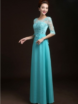 พร้อมเช่า ชุดราตรียาว สีฟ้าอมเขียว แขนยาว แบบเรียบหรู แต่งลูกไม้เซาะดอก ปักลูกปัดมุก