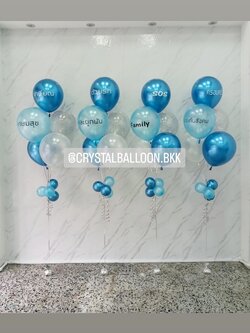 ลูกโป่ง อำลา ช่อลูกโป่ง 5 ลูก 4 ช่อ Theme น้ำเงิน-ฟ้า พร้อมตกแต่ง ลูกโป่งใส ใส่กลิตเตอร์ สามารถเปลี่ยนสีลูกโป่ง/เปลี่ยนข้อความได้