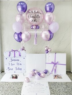 Happy Birthday Surprise Box กล่องเซอร์ไพรส์วันเกิด Bubble ขนาด 24" กลิตเตอร์สีชมพู ,ลูกโป่งช่อ 7 ลูก 2 ช่อ , พร้อมตกแต่ง สามารถใส่รูปได้ 4 ใบ สามารถเปลี่ยนสีลูกโป่ง/เปลี่ยนข้อความได้ ( ไม่รวมเงินที่ติดกับลูกโป่ง ))