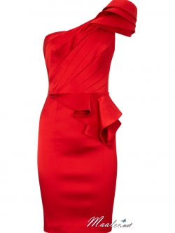 พร้อมเช่า ชุดราตรีสั้น ไหล่เฉียง สีแดง แพทเทินหรู จัดเดรปช่วงเอว