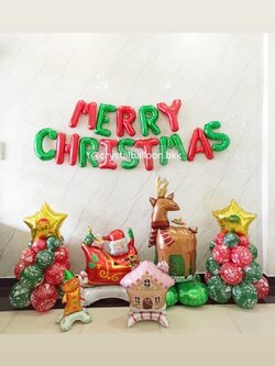 ต้นลูกโป่ง Christmas ฟอยล์ดาว ขนาด 18" 2 ต้น สูง 60 ซม. พร้อม ฟอยล์ตัวอักษร Meery Christmas ขนาด 16" 1 ชิ้น พร้อม ฟอยล์กวาง 1 ชิ้น,ฟอยล์แซนต้า 1 ชิ้น,ฟอยล์บ้าน 1 ชิ้น,ฟอยล์ตุ๊กตาขนมผิง 1 ชิ้น พร้อมตกแต่ง สามารถเปลี่ยนสีลูกโป่ง/เปลี่ยนข้อความ/เปล