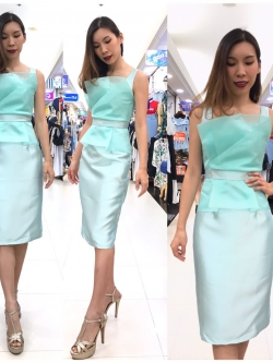 พร้อมส่ง ราตรีสั้น ชุดแซกผ้าไหมเทียม แต่งผ้าแก้วจับเดรป สวยหวาน สีเขียวมิ้นต์