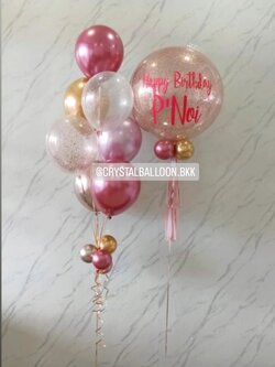 ลูกโป่ง วันเกิด Bubble ขนาด 24" กลิตเตอร์สีโรสโกล 1 ลูก พร้อม ช่อลูกโป่งสีโครเมี่ยม ช่อ 7 ลูก 1 ช่อ พร้อมตกแต่ง สามารถเปลี่ยนสีลูกโป่ง/เปลี่ยนข้อความ/เปลี่ยนขนาดได้