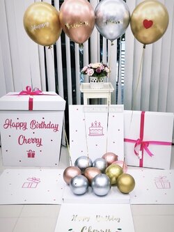Happy Birthday Surprise Box กล่องเซอร์ไพรส์วันเกิด พร้อมตกแต่ง ช่อลูกโป่ง 1 ช่อ,สามารถใส่รูปได้ 2 ใบ สามารถเปลี่ยนสีลูกโป่ง/เปลี่ยนข้อความได้
