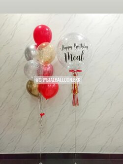 ลูกโป่ง วันเกิด Bubble ขนาด 24" กลิตเตอร์สีเงิน 1 ลูก พร้อม ช่อลูกโป่ง ช่อ 7 ลูก 1 ช่อ Theme สีแดง พร้อมตกแต่ง สามารถเปลี่ยนสีลูกโป่ง/เปลี่ยนข้อความ/เปลี่ยนขนาดได้