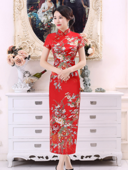 Pre-order กี่เพ้า สีแดง แขนสั้น ลายดอกไม้ ตัดเย็บอย่างดี