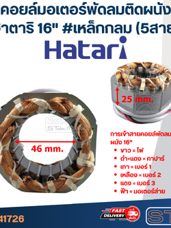 (7) คอยล์มอเตอร์พัดลมติดผนัง ฮาตาริ16" รูใน46มิล หนา25มิล #เหล็กกลม(5สาย)