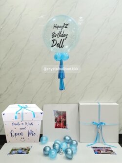 Happy Birthday Surprised Box กล่องเซอร์ไพรส์วันเกิด Bubble ขนาด 24" กลิตเตอร์ขาวมุก พร้อมตกแต่ง สามารถใส่รูปได้ 4 ใบ สามารถเปลี่ยนสีลูกโป่ง/เปลี่ยนข้อความได้