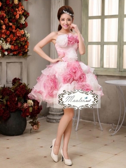 พร้อมเช่า ชุดแฟนซี เช่า 500 ชุดราตรีสั้น เกาะอก สีกุหลาบแต่งดอกไม้สามมิติ พองฟูน่ารักมาก