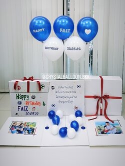 Happy Birthday Surprise Box Theme สีขาว-น้ำเงิน พร้อมตกแต่ง สามารถใส่รูปได้ 2 ใบ สามารถเปลี่ยนสีลูกโป่ง/เปลี่ยนข้อความได้