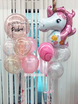 ลูกโป่ง วันเกิดเด็ก ช่อ Bubble ขนาด 18" ช่อ 7 ลูก 1 ช่อ พร้อม ช่อฟอยล์ Unicorn ช่อ 5 ลูก 1 ช่อ,ลูกโป่งลายหิน USA 1 ลูก,ลูกโป่งใส ใส่ กลิตเตอร์ พร้อมตกเเต่ง สามารถเปลี่ยนสีลูกโป่ง/เปลี่ยนข้อความ/เปลี่ยนขนาด/เปลี่ยนฟอยล์ตกแต่งได้