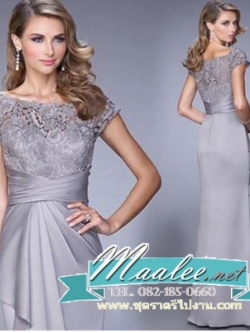 พร้อมเช่า ชุดราตรียาว แขนสั้น ผ้าซาติน จับจีบตีเกล็ดช่วงเอว เนื้อผ้าลูกไม้ เรียบหรู สีเทา