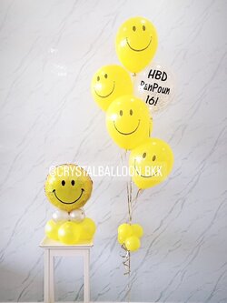 ลูกโป่ง วันเกิดเด็ก ช่อลูกโป่งยิ้มเหลือง ช่อ 6 ลูก 1 ช่อ พร้อมตกแต่ง ลูกโป่งใส ใส่ กลิตเตอร์ 1 ลูก,ฟอยล์กลมยิ้ม สีเหลือง ขนาด 18" ตั้งฐาน 1 ชิ้น สามารถเปลี่ยนสีลูกโป่ง/เปลี่ยนข้อความ/เปลี่ยนฟอยล์ตกแต่งได้