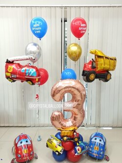 ลูกโป่ง วันเกิดเด็ก Theme รถ หลากหลาย พร้อม ช่อลูกโป่ง 3 ลูก 2 ช่อ พร้อมตกแต่ง ฟอยล์รถใหญ่ 2 ชิ้น,ฟอยล์รถแข่ง 2 ชิ้น,ฟอยล์ตัวเลข ขนาด 40" ตั้งฐาน 1 ชิ้น สามารถเปลี่ยนสีลูกโป่ง/เปลี่ยนข้อความ/เปลี่ยน Theme ได้