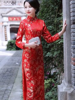 Pre-order กี่เพ้า ผ้าไหมจีน สีแดง แขนยาว ลายนกฟินิกซ์ ตัดเย็บอย่างดี