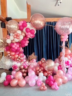 Organic Backdrop วันเกิด โครงกลม ขนาด 2x2 Theme ชมพู พร้อม Bubble ขนาด 36" กลิตเตอร์สีชมพู 1 ลูก,ลูกโป่งประดับตั้งพื้น 9 ชิ้น พร้อมตกแต่ง