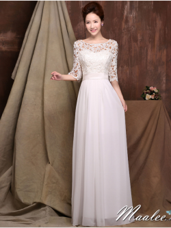 พร้อมเช่า ชุดราตรียาว สีขาว แขนสามส่วน ลูกไม้ฉลุ กระโปรงผ้าชีฟอง