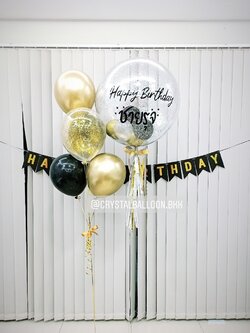 ลูกโป่ง วันเกิด Bubble ขนาด 24" พร้อม ช่อลูกโป่งโครเมี่ยม ช่อ 5 ลูก 1 ช่อ พร้อม ป้ายธง Happy Birthday 1 ชิ้น พร้อมตกเเต่ง สามารถเปลี่ยนสีลูกโป่ง/เปลี่ยนข้อความ/เปลี่ยนขนาด/เปลี่ยนสี-ป้ายธงได้