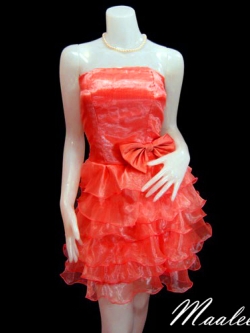 Sale ชุดราตรีสั้น เกาะอกผ้าแก้ว สีแดง แต่งโบว์ที่เอว ชายกระโปรงระบายบางใสน่ารัก