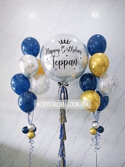 ลูกโป่ง วันเกิด Bubble ขนาด 36" Theme Dark Blue-ทอง พร้อมตกแต่ง ช่อลูกโป่ง 7 ลูก 2 ช่อ,ลูกโป่งใส ใส่กลิตเตอร์ สามารถเปลี่ยนสีลูกโป่ง/เปลี่ยนข้อความ/เปลี่ยนขนาดได้