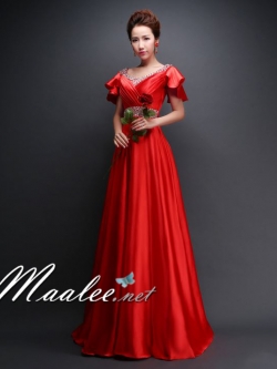 พร้อมเช่า ชุดราตรียาว แบบแขนสั้น ผ้าซาตินสวยสง่า อกจับจีบปักเลื่อมช่วงอก-เอว สีแดง (เชือกผูกหลัง)