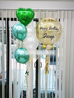 ลูกโป่ง วันเกิด Bubble ขนาด 24" พร้อม ช่อลูกโป่งฟอยล์หัวใจ ขนาด 18",ลูกโป่งใส ใส่กลิตเตอร์ พร้อมตกเเต่ง สามารถเปลี่ยนสีลูกโป่ง/เปลี่ยนข้อความ/เปลี่ยนขนาดได้