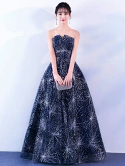 พร้อมเช่า ชุดแฟนซี ชุดราตรี เกาะอก สีNAVY BLUE กลิตเตอร์ทั้งตัว ลายอวกาศ