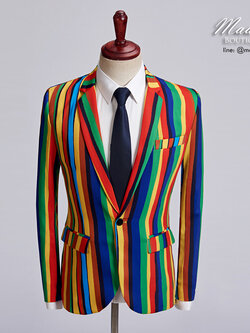 พร้อมเช่า เสื้อสูท แฟนซี สีรุ้ง Colorful สูทลูกทุ่ง กับกางเกงสแลคสีดำ