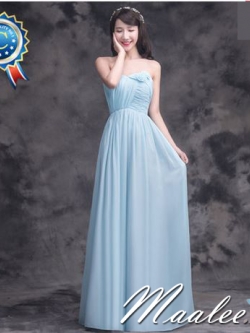 พร้อมเช่า ชุดราตรียาว สีฟ้า ชุดเพื่อนเจ้าสาว Blue-003C เกาะอกผ้าชีฟอง อกจับจีบ เพิ่มดอกตรงเนินอก ช่วยเสริมหน้าอก