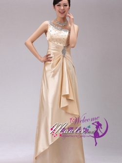 พร้อมเช่า ชุดราตรียาว ไหล่เฉียง สีครีม Champagne จับจีบที่เอว คอประดับลูกปัดคริสตัลสวยหรู