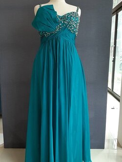 พร้อมเช่า ชุดราตรียาว สำหรับสาวอวบ สายเดี่ยว ผ้าชีฟอง ดีเทลเก๋ ปักเลื่อมอกกระโปรงพริ้วสวย สีเขียวน้ำทะเล