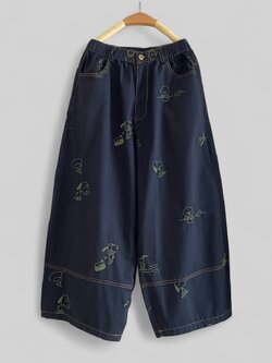 กางเกงผ้าคอตตอตลายปักการ์ตูนขาห้าส่วน