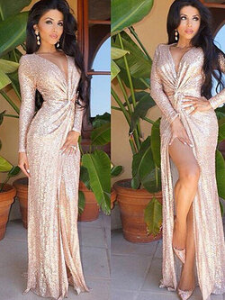 พร้อมเช่า ชุดราตรียาว แขนยาว งานกลิตเตอร์ สีชมพูโรสโกลด์