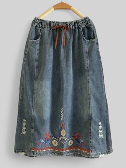 กระโปรงยีนส์ฟอกลายปัก