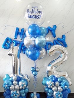 ลูกโป่ง วันเกิด ช่อ Bubble ขนาด 24" กลิตเตอร์สีเงิน 1 ช่อ ช่อ 10 ลูก พร้อมตกแต่ง ฟอยล์ตัวอักษร Happy Birthday ขนาด 16" สีน้ำเงิน 1 ชิ้น พร้อม ฟอยล์ตัวเลข ขนาด 40" ตั้งฐาน 2 ชิ้น พร้อมตกแต่ง สามารถเปลี่ยนสีลูกโป่ง/เปลี่ยนข้อความ/เปลี่ยนขนาดไ