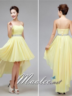 พร้อมเช่า ชุดราตรีสั้น เกาะอก หน้าสั้นหลังยาว สีเหลือง (เชือกผูกหลัง)