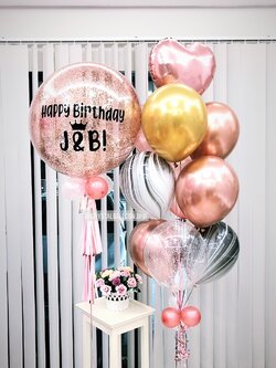 ลูกโ่ป่ง วันเกิด Bubble ขนาด 24" สีโรสโกล พร้อม ช่อลูกโป่ง ช่อ 10 ลูก 1 ช่อ,ลูกโป่งลายหิน USA 2 ลูก,ลูกโป่งใส ใส่กลิตเตอร์,ฟอยล์หัวใจ ขนาด 18" 1 ชิ้น พร้อมตกเเต่ง สามารถเปลี่ยนสีลูกโป่ง/เปลี่ยนฟอยล์ตกแต่ง/เปลี่ยนข้อความ/เปลี่ยนขนาดได้