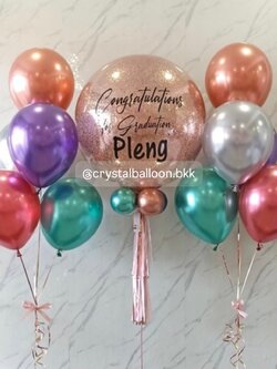 ลูกโป่ง แสดงความยินดี Bubble ขนาด 24" กลิตเตอร์สีโรสโกลด์ 1 ลูก พร้อม ช่อลูกโป่ง ช่อ 5 ลูก 2 ช่อ สีโครเมี่ยมธีมคัลเลอร์ฟูล พร้อมตกแต่ง สามารถเปลี่ยนสีลูกโป่ง/เปลี่ยนข้อความ/เปลี่ยนขนาดได้