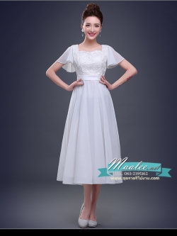 พร้อมเช่า ชุดราตรี สีขาว แขนสั้น ลูกไม้ฉลุ กระโปรงผ้าชีฟอง 2XL- 6XL (เชือกผูกหลัง)