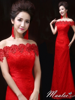 พร้อมเช่า ชุดราตรียาว แบบปาดไหล่เซ็กซี่ เข้ารูป ทรงหางปลา สีแดง ผ้าลูกไม้ แต่งเลื่อมสุดหรู (เชือกผูกหลัง)