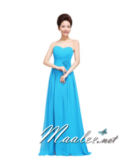 พร้อมเช่า ชุดราตรียาว แบบเกาะอก ผ้าชีฟอง ช่วงอกอัดพลีท แต่งดอกที่เอว สีฟ้าเข้ม