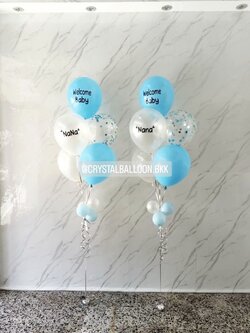 ลูกโป่ง Welcome Baby ช่อลูกโป่ง 5 ลูก 2 ช่อ Theme สีฟ้า พร้อมตกแต่ง ลูกโป่งใส ใส่ กลิตเตอร์ สามารถเปลี่ยนสีลูกโป่ง/เปลี่ยนข้อความได้