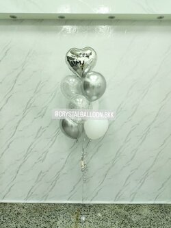 ลูกโป่ง วันเกิด ช่อลูกโป่งฟอยล์หัวใจ ขนาด 18" ช่อ 7 ลูก 1 ช่อ ธีมสีเงิน พร้อมตกแต่ง ลูกใส ใส่กลิตเตอร์ สามารถเปลี่ยนสีลูกโป่ง/เปลี่ยนข้อความ/เปลี่ยนสี-ฟอยล์ตกแต่งได้