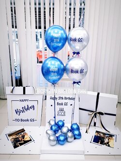 Happy Birthday Surprise Box Theme สีน้ำเงิน-เงิน พร้อมตกแต่ง ลูกโป่ง 4 ลูก,สามารถใส่รูปได้ 2 ใบ สามารถเปลี่ยนสีลูกโป่ง/เปลี่ยนข้อความได้
